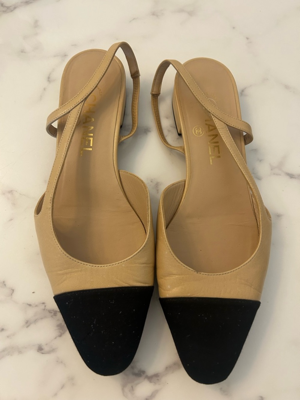 CHANEL Beige and Black Two-Tone Slingback Mules